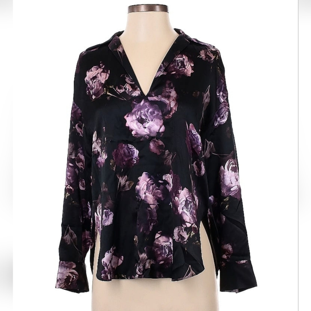 Vince 100% Silk Black Blouse Purple Floral Print Long Sleeve V-Neck Shirt